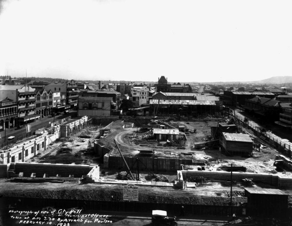 StateLibQld 1 137779 Construction site of the Brisbane City Hall, 1923
