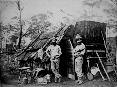 StateLibQld 1 102208 Gold miners outside a bark hut, Queensland, ca. 1870