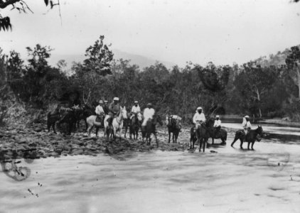 StateLibQld 1 151175 Expedition party crossing a river in Queensland, ca. 1865