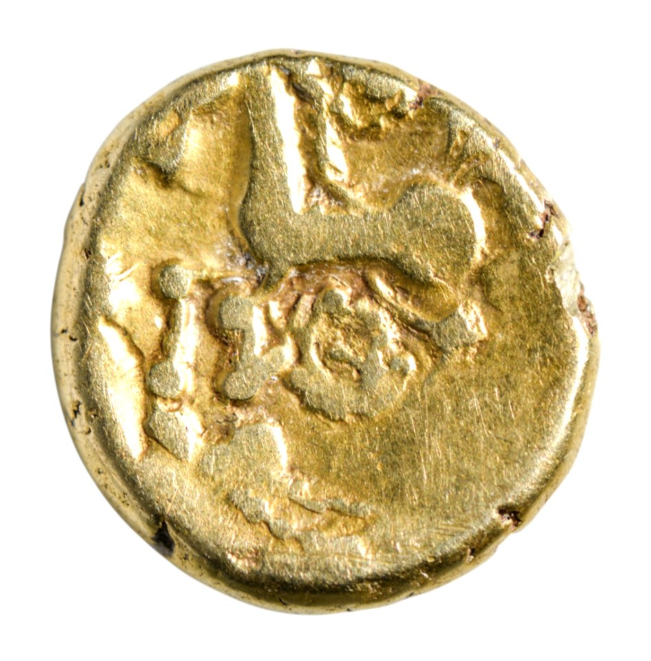 Stater van de Remi in goud, 60 tot 50 VC, vindplaats- Vechmaal, Bornebeemden, collectie Gallo-Romeins Museum Tongeren, 09-14-D, 006
