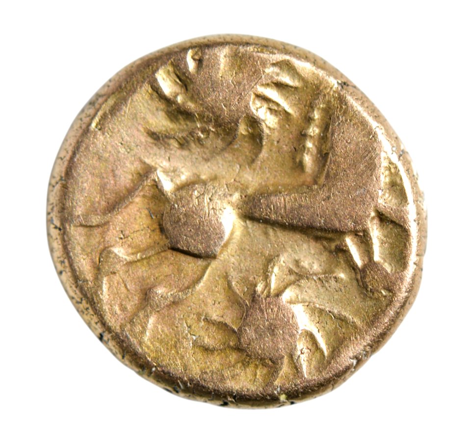 Stater van de Bellovaci in goud, 55 tot 50 VC, vindplaats- Vechmaal, Bornebeemden, collectie Gallo-Romeins Museum Tongeren, GRM 9248, 009