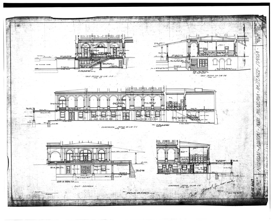 STATION BUILDING East Elevation (to second floor) and sections Alterations and Additions (dated 5 1913) - North Philadelphia Station