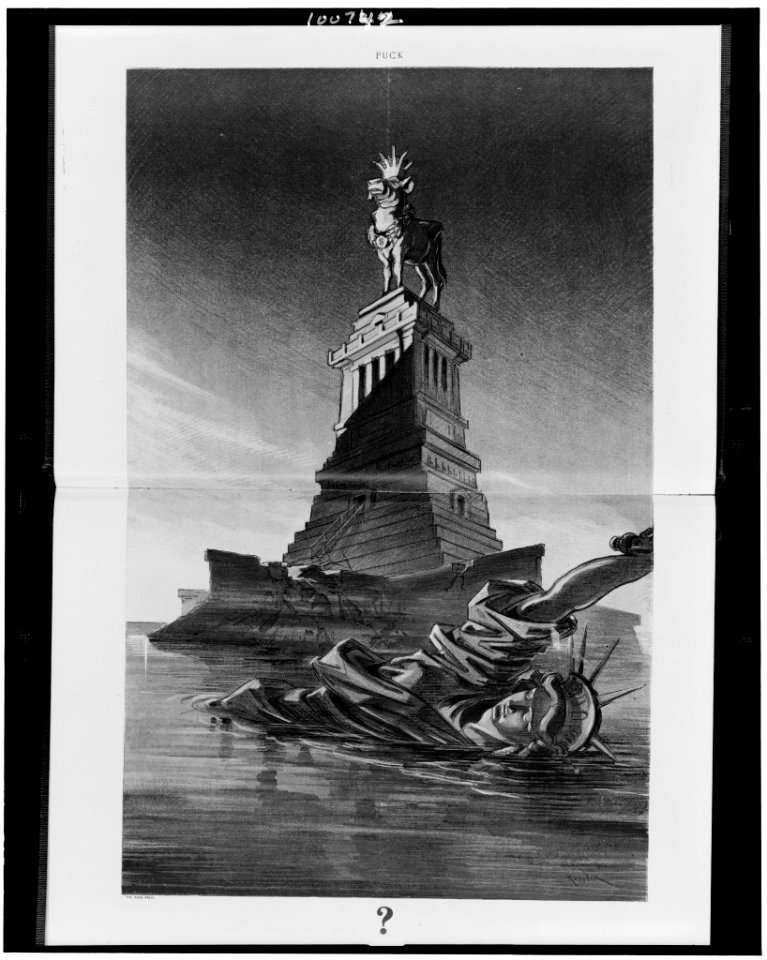 Statue of Liberty floating in bay and statue of cow, wearing crown and collar with $ sign, standing on Liberty's pedestal) - Keppler LCCN90713988