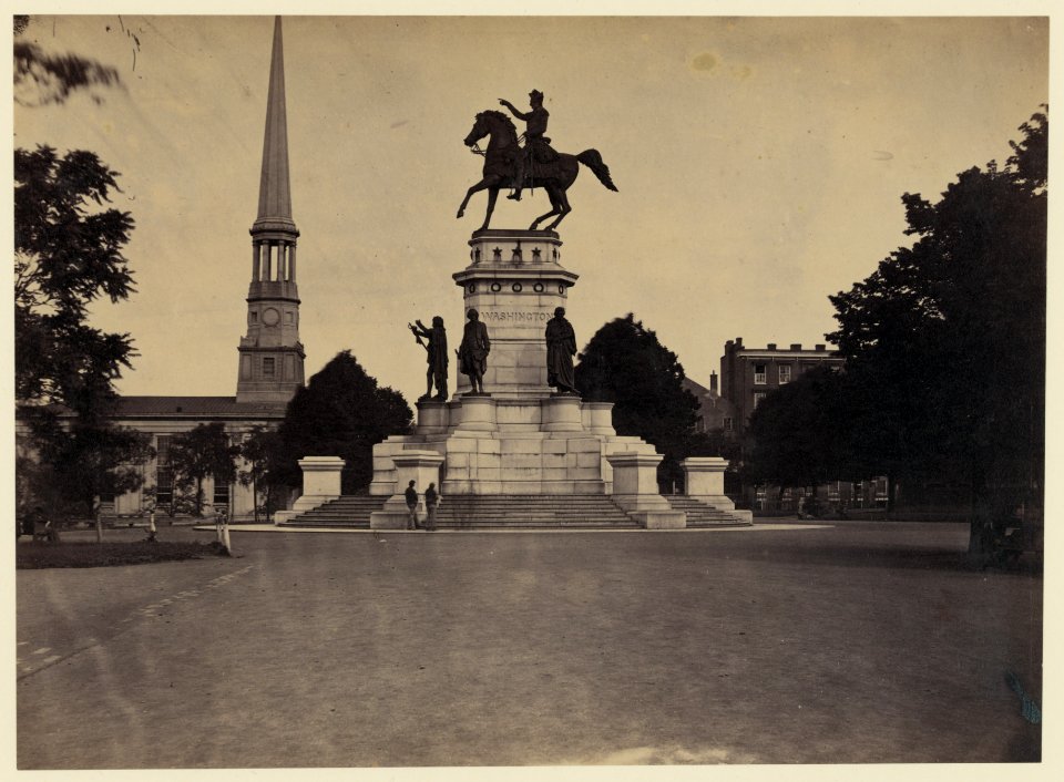 Statue of George Washington on horseback on top of a monument in the Capitol Square area of Richmond, Virginia LCCN2005684434