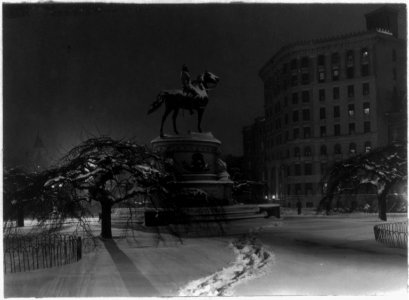 Statue of Maj. General George H. Thomas in Thomas Circle, Washington, D.C., in snow at night LCCN2002710381