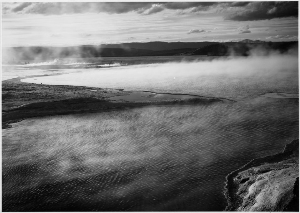 Steaming pool in foreground, high horizon, Fountain Geyser Pool, Yellowstone National Park, Wyoming., 1933 - 1942 - NARA - 520007