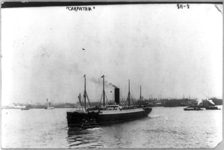 Steamship CARPATHIA - bow view with 2 tugboats at bow LCCN2001704339