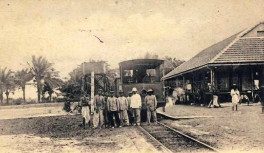 Steam locomotive at railway station in Ouida, Dahomey (now Benin)