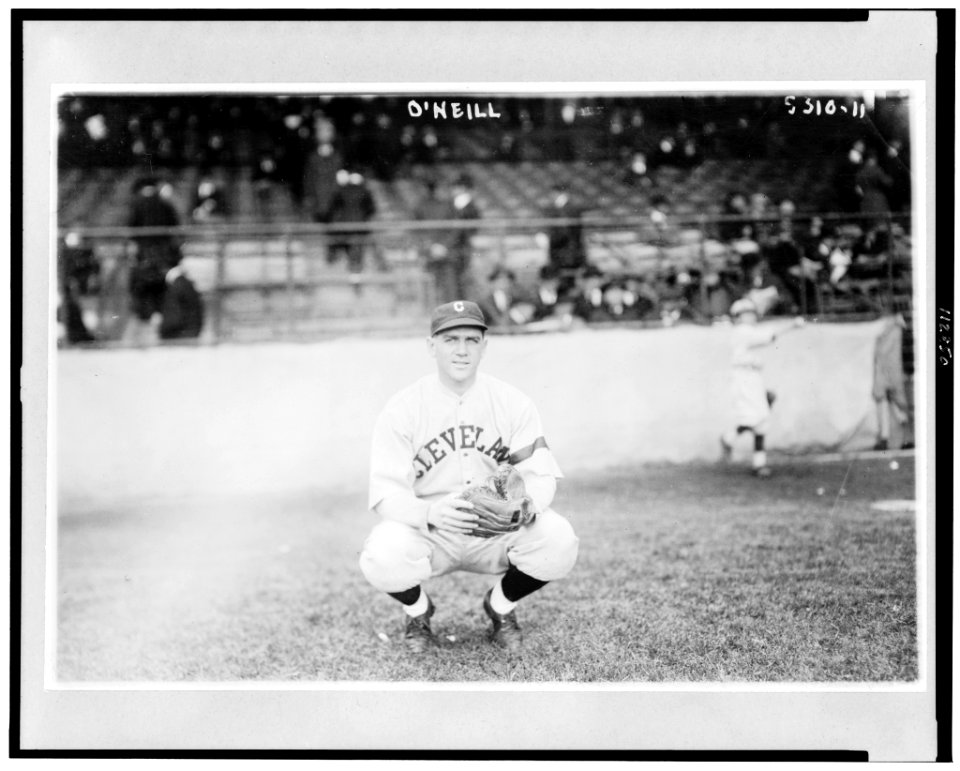 Stephen Francis O'Neill, Cleveland AL baseball player, full-length portrait, squatting on baseball field LCCN95505737