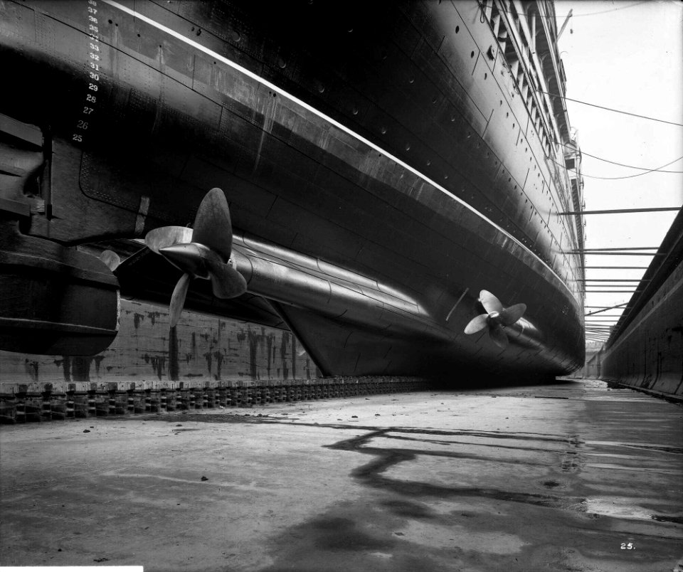 Stern view of the 'Aquitania' (1914) in drydock RMG G10810