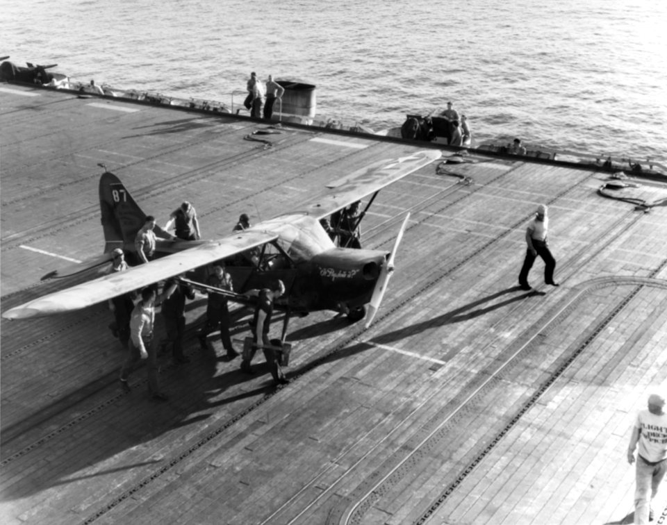 Stinson OY-1 aboard USS Petrof Bay (CVE-80) off Peleliu, 19 September 1944 (80-G-378466)