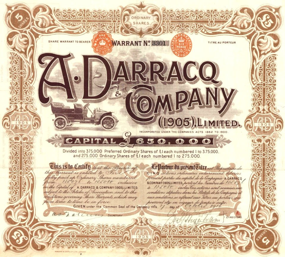 Stock certificate, 5 shares - A. Darracq & Company (1905) Ltd. 1916 (cropped)