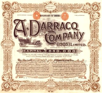 Stock certificate, 5 shares - A. Darracq & Company (1905) Ltd. 1916 (cropped) photo