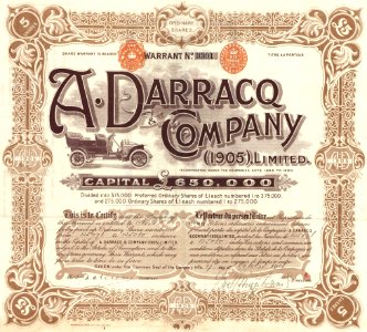 Stock certificate, 5 shares - A. Darracq & Company (1905) Ltd. 1916 (cropped)