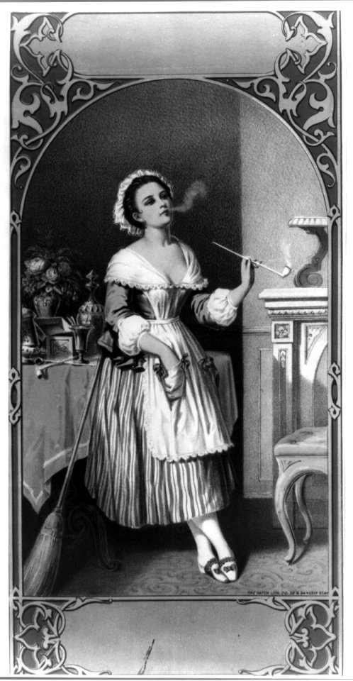 Stock form for tobacco label; girl in apron leaning on broom and smoking pipe LCCN2001697779