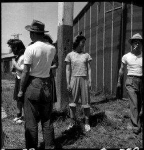 Stockton, California. These evacuees of Japanese ancestry are spending their forst day at this Asse . . . - NARA - 537720 photo