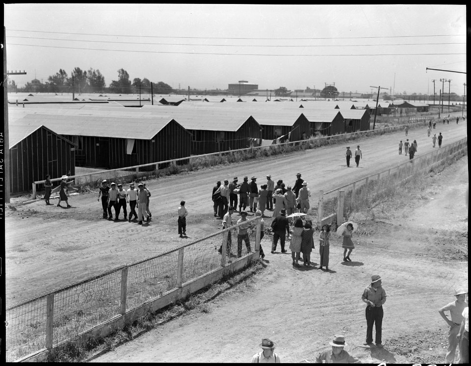 Stockton, California. Noon on a hot day at the Stockton Assembly center, which is a converted fairg . . . - NARA - 537724