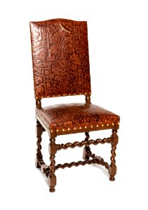 Stol av svarvat och bonat valnötsträ, klädda med pressat kalvskinn, 1897-1898 - Hallwylska museet - 108464