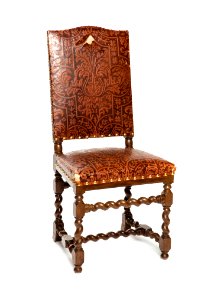 Stol av svarvat och bonat valnötsträ, klädda med pressat kalvskinn, 1897-1898 - Hallwylska museet - 108463