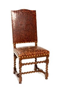 Stol av svarvat och bonat valnötsträ, klädda med pressat kalvskinn, 1897-1898 - Hallwylska museet - 108461