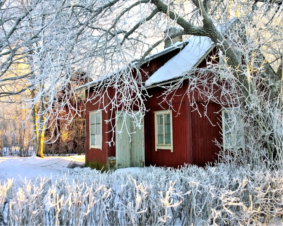 Red cottage winter day frost