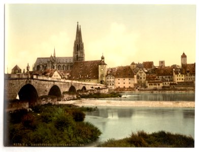 Stone Bridge (i.e. Steinerne Brücke) and cathedral, Ratisbon (Regensburg), Bavaria, Germany-LCCN2002696173 photo