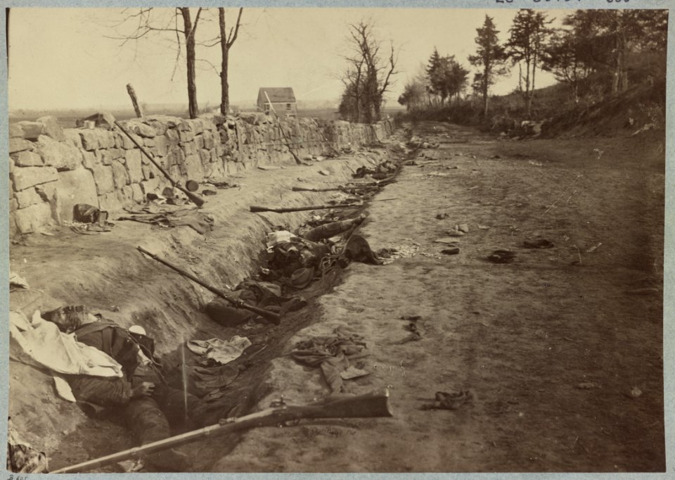 Stone wall at foot of Marye's Heights, Fredericksburg, Va. at the front carried by 6th Maine Infantry, May 3, 1863. Photographed twenty minutes after storming party had (...) up the hill LCCN2012647842