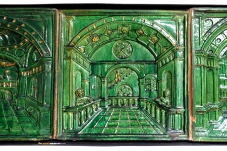 Stove tiles with perspective architecture, 2 of 4, Nuremberg, 1525-1550, ceramic, green glaze - Germanisches Nationalmuseum - Nuremberg, Germany - DSC03719