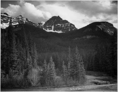 Stream in foreground, with view of trees and snow on mountains. Mountains - Northeast Portion, Yellowstone National Par - NARA - 519998