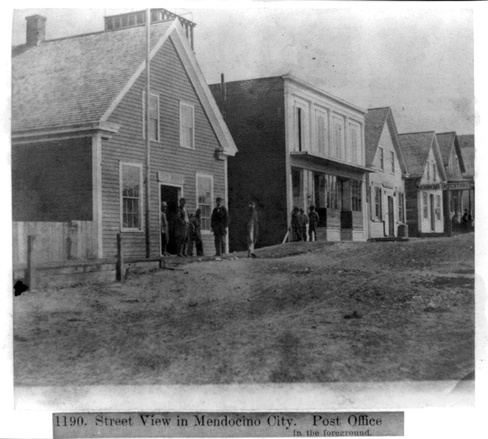 Street View in Mendocino City - Post Office in the foreground with men standing outside LCCN2002719829