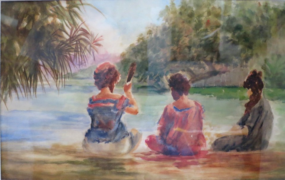 Three women sitting on the shore by Joseph Strong, watercolor