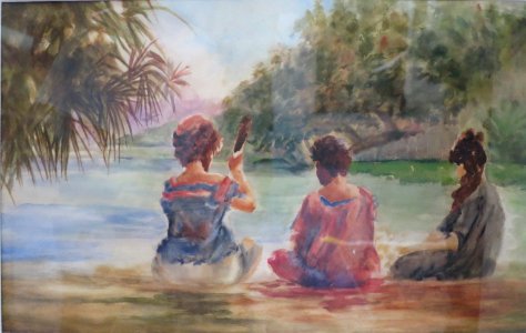 Three women sitting on the shore by Joseph Strong, watercolor
