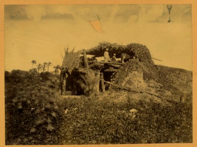 Structure made of timbers, earth, rope, and vegetation, two people and a cow on second level LCCN2004674236