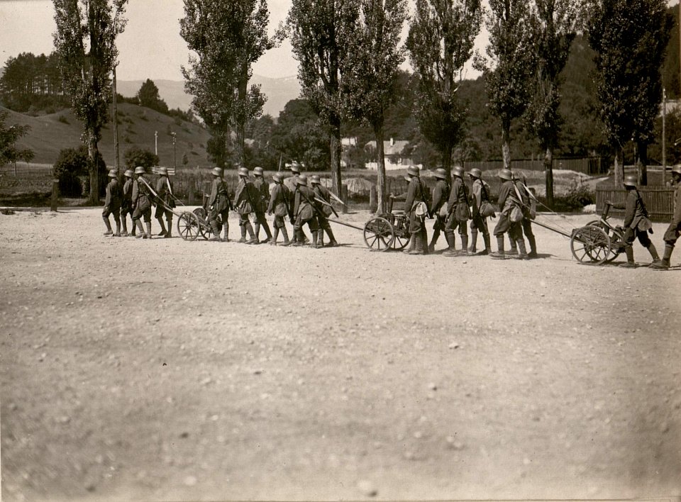 Sturmtruppen mit mittleren Granatwerfern am Marsch. (30-6.1917.) (BildID 15799293)