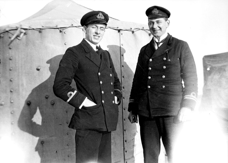 Sub Lieutenant M. J. Bethell and Lieutenant G. D'O. Earwaker on the quarterdeck of HMS 'Aurora (1913). RMG N22844