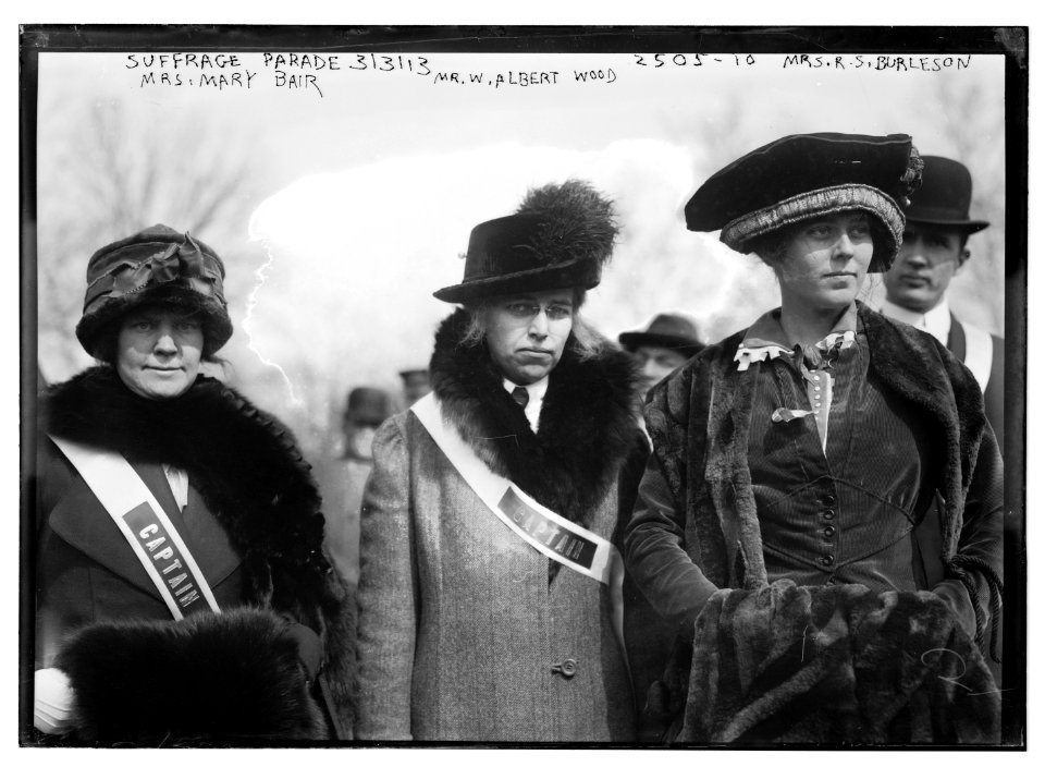 Suffrage parade - Mrs. Mary Bair, Mr(s). W. Albert Wood, and Mrs. R.S. (i.e., Richard Coke) Burleson LCCN2014691493
