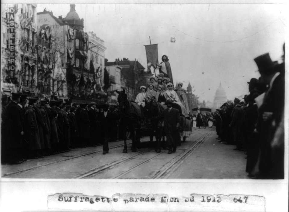 Suffragette parade on Pennsylvania Ave., Washington, D.C. - women on wagon LCCN2001706136