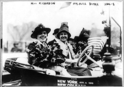 Suffragettes - Mrs. Alice Burke and Nell Richardson in the suffrage automobile Golden Flyer in which they will drive from New York to San Francisco. April 7, 1916. LCCN2001704319