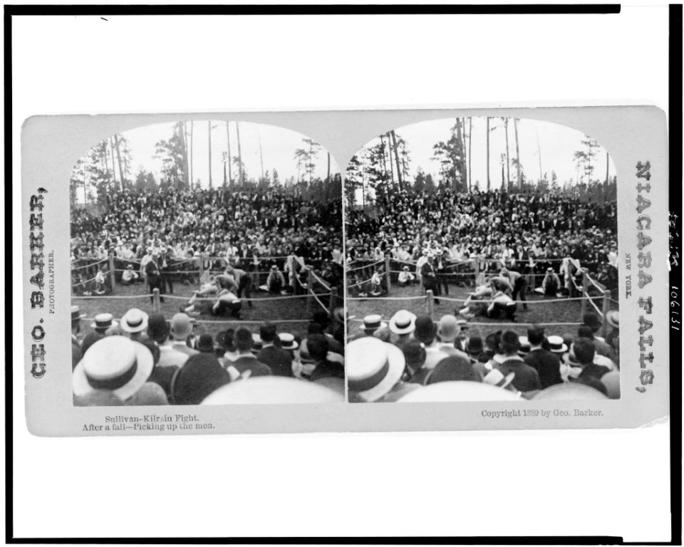 Sullivan-Kilrain fight. After a fall - picking up the men - Geo. Barker, photographer. LCCN92515100