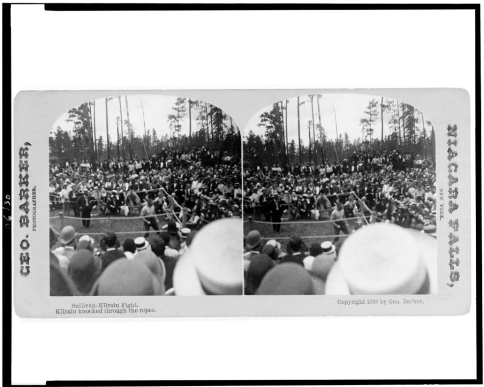 Sullivan-Kilrain fight. Kilrain knocked through the ropes - Geo. Barker, photographer. LCCN92515099