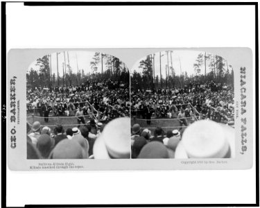 Sullivan-Kilrain fight. Kilrain knocked through the ropes - Geo. Barker, photographer. LCCN92515099