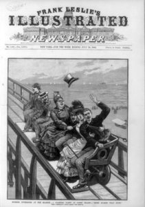 Summer diversions at the seaside - a coasting party at Coney Island - more scared than hurt (Group of people on coasting bench) LCCN99614060 photo