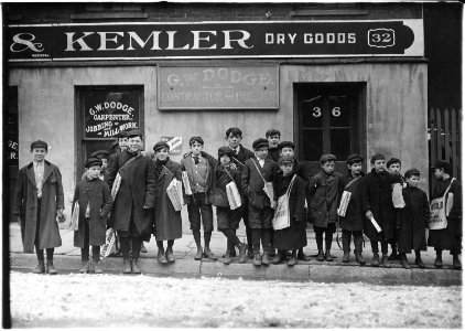 Sunday noon. Some of the newsboys returning Sunday papers. Many of them had been out since 5 and 6 A.M. Hartford, Conn. - NARA - 523178