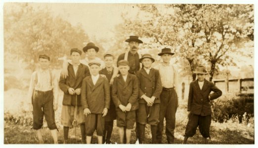 Sunday morning at Lynchburg Cotton Mill (Va.) Ed Tolley, the smallest, said 15 years old, but that is very doubtful. Others in these three photos, Lucien Tolley, Herbert Aultico, Henry Daly, LOC nclc.02048