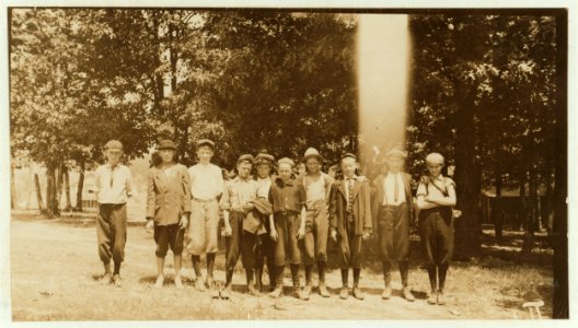 Sunday morning at Lynchburg Cotton Mill (Va.) Ed Tolley, the smallest, said 15 years old, but that is very doubtful. Others in these three photos, Lucien Tolley, Herbert Aultico, Henry Daly, LOC nclc.02044