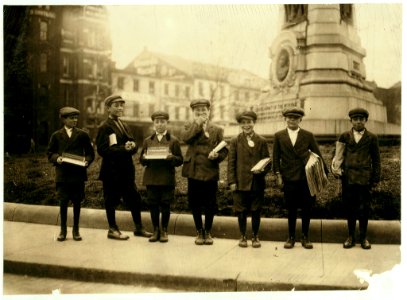 Sunday Morning, Group of gum vendors and news-boys, Pennsylvania Avenue and 7th Sts. The smallest ones were Sam Kipnis, 412 P St., N.W., Washington, D.C. David Stierman, 701 M St., N.W., LOC cph.3b23468