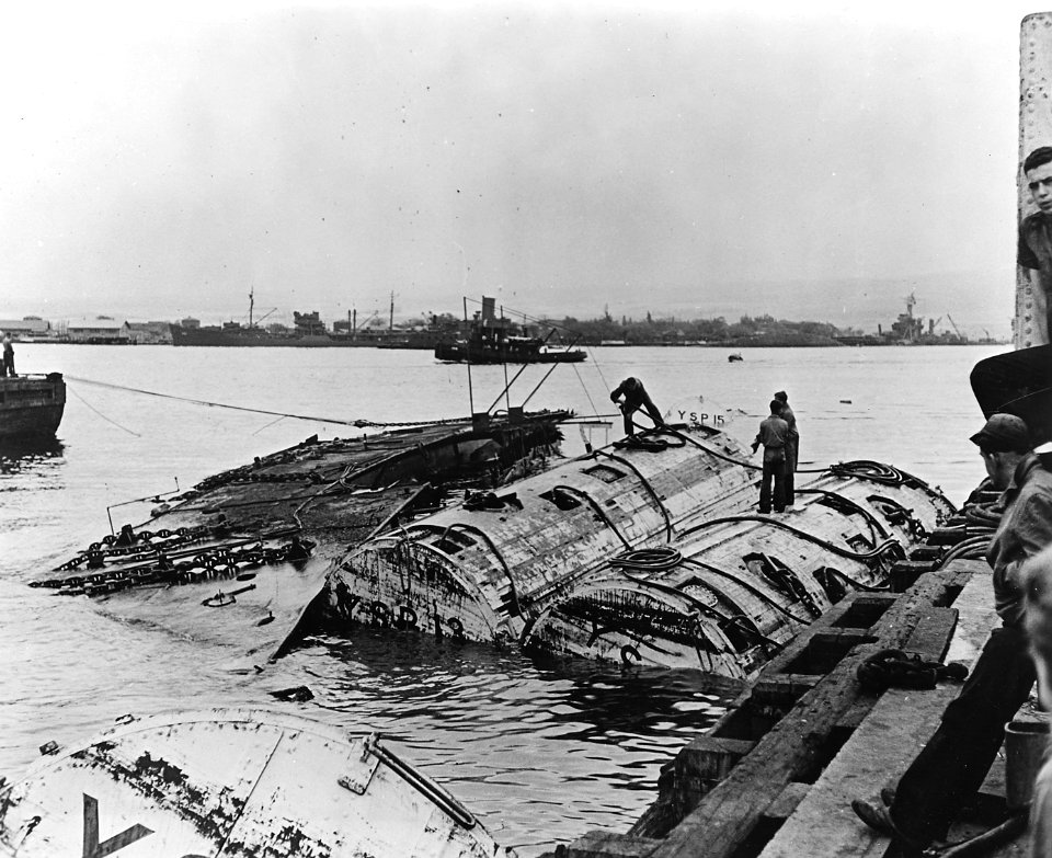 Sunken USS Oglala (CM-4) with floating pontoons 1942
