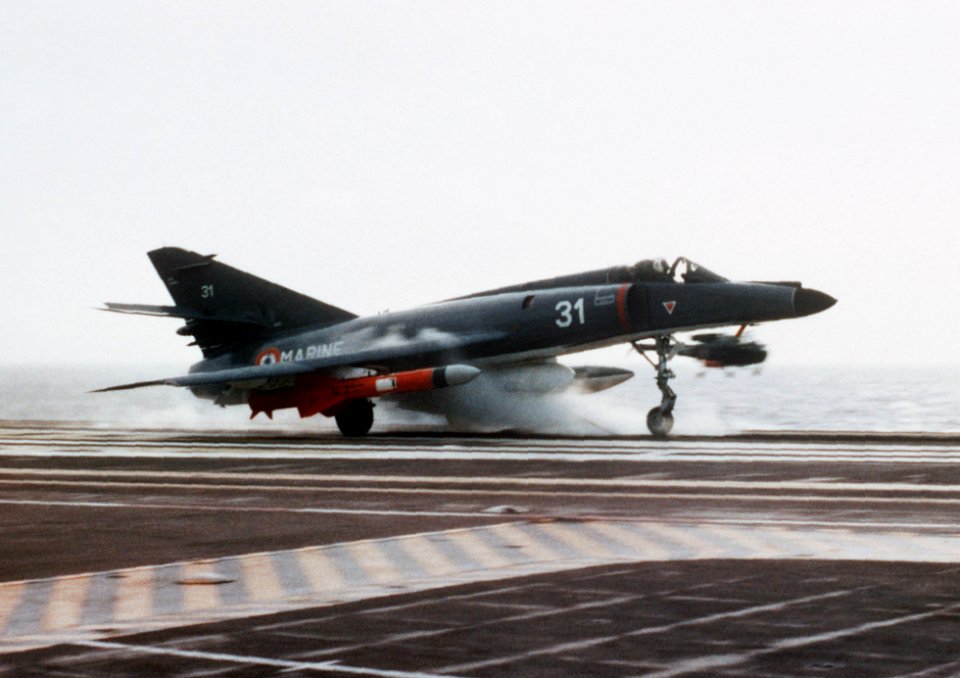 Super Étendard with Exocet launching from Foch (R99) 1983