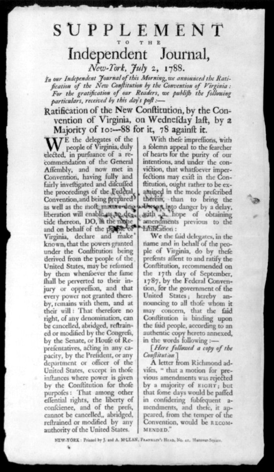 Supplement to the Independent Journal, New-York, July 2, 1788 LCCN2002705840