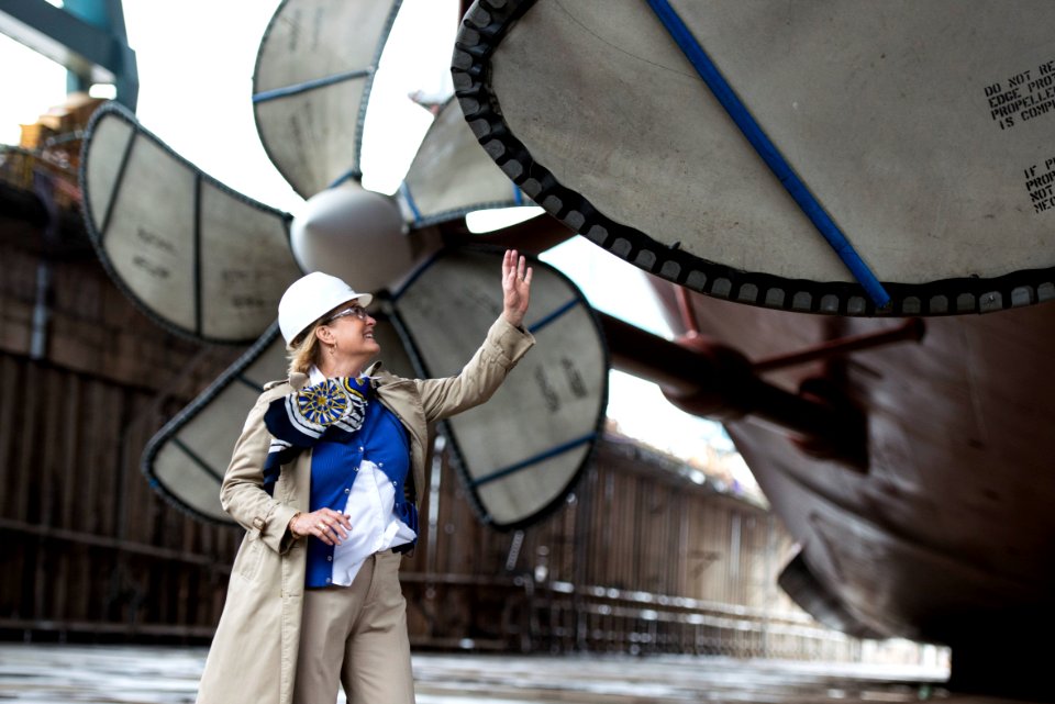 Susan Ford with propeller of USS Gerald R. Ford (CVN-78) 2013